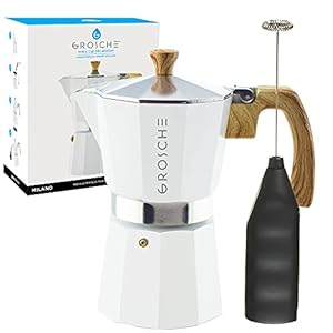 GROSCHE Milano Stove top espresso maker 6 espresso cup size 93 oz White Moka pot and battery operated milk frother bundle for lattes