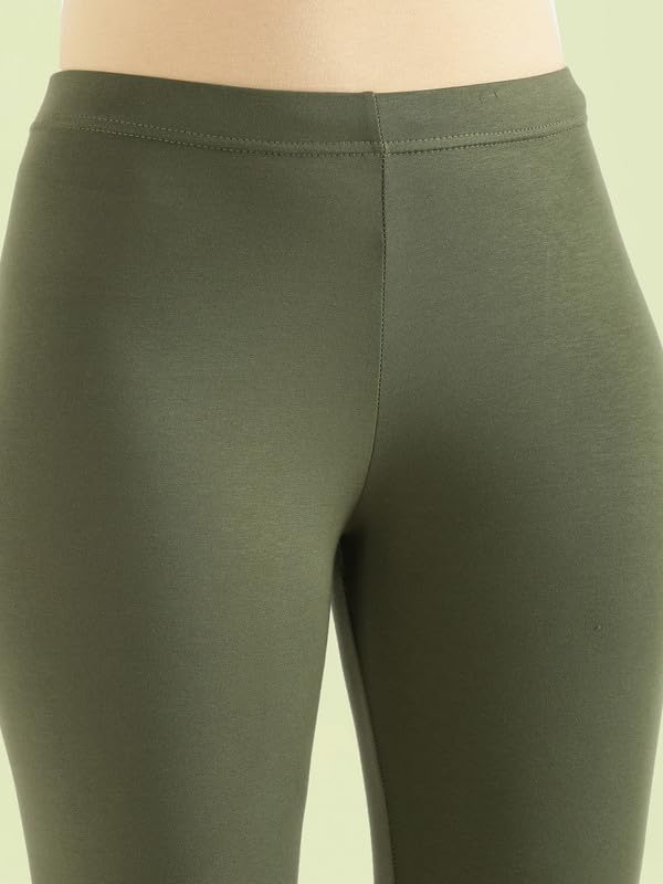 Image of GO COLORS Soft Cotton Stretch Cropped Leggings for Women | Breathable, Mid Rise, Olive Green