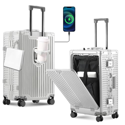 Gets All Aluminum Carry on Luggage Airline Approved,20 Inch Hardshell Spinner Luggage With Cup Holder and USB Charger,TSA Lock,Front Pocket Durable Suitcase for Women Men-Silver,22x14x9