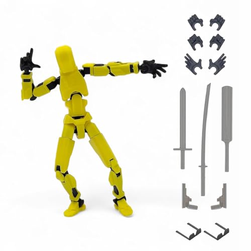 Image of VAALI Dummy 13 Action Figure Fully Assembled T13 Articulated Robot Toy with 12 Accessories (Swords Guns Extra Hands) 3D Printed Poseable Desktop Figure for Stop Motion Artists Gamers 5.4 inch (Yellow)