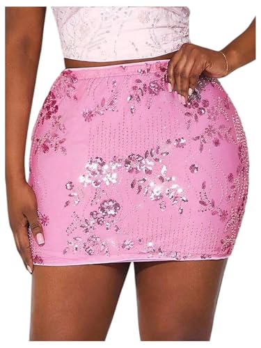 MakeMeChic Women's Plus Size Sequin Mini Skirt Floral Sparkly High Waist Bodycon Night Out Skirts
