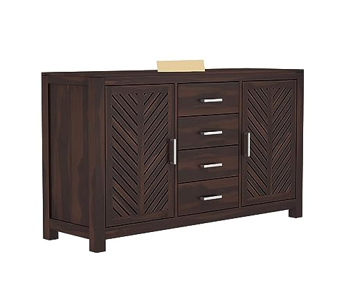 Image of Solid Sheesham Wood Sideboard Cabinet - Multipurpose Wooden Storage Unit with 4 Drawers & 2 Door - Free-Standing Chest for Living Room, Dining Room & Entryway - Walnut Finish