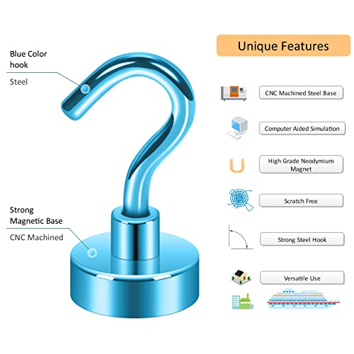 Image of Neosmuk Magnetic Hooks, 22 lb+ Heavy Duty Earth Magnets with Hook for Refrigerator, Extra Strong Cruise Hook for Hanging, Magnetic Hanger for Cabins, Grill (Blue, Pack of 6)