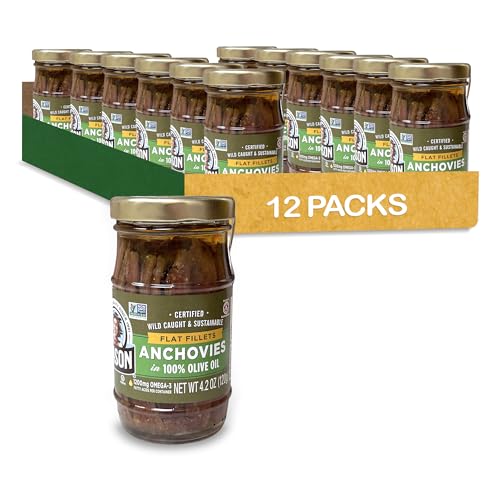 Season Anchovies in Olive Oil - Flat Anchovy Fillets, Wild Caught Fish, Canned Anchovies, Keto Snacks, Rich in B Vitamins, Low in Mercury, Kosher, Non-GMO, 600mg of Omega-3-4.2 Oz Glass Jar, 12-Pack