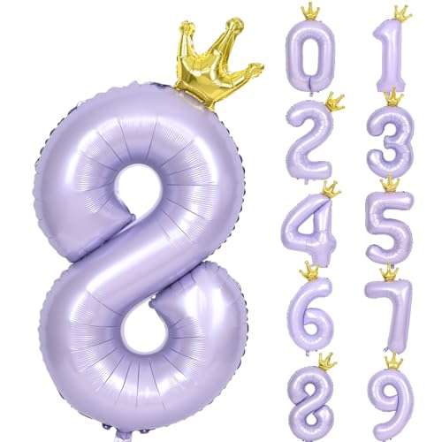 Lausatek バルーン 数字 風船 誕生日 40インチ 大きい ナンバー8 王冠付き クラウン バースデー 飾り付け パーティー 記念日 結婚式 男の子 女の子 約100cm 紫 ラベンダー