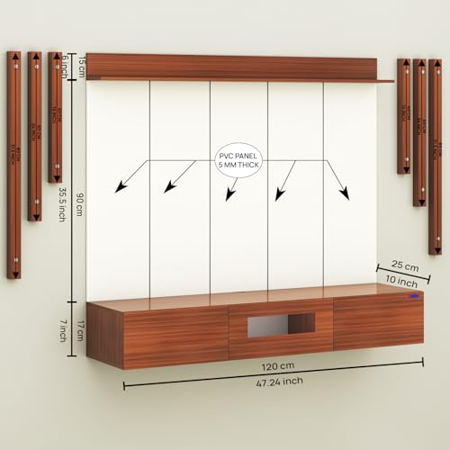 Image of Anikaa LucenPro Engineered Wood Wall Mount TV Unit with PVC Back Panel, Acrylic Blue LED Storage Box, Side Wooden Accent Spot Light Panels I Deal for Up to 50 Inch TV (Walnut - DIY Installation)