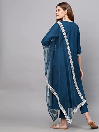 Image of GoSriKi Women's Cotton Blend Straight Embroidered Kurta with Pant & Dupatta
