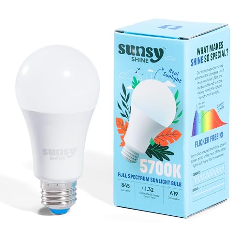 sunsy Shine - Full-Spectrum Flicker-Free A19 Sunlight Bulb for Humans - Boosts Energy, Mood, and Circadian Rhythm for Better Health - Near Perfect CRI - US-Based Company