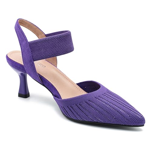 Enelauge Women's Closed Toe Low Kitten Heels Knit Pumps Elastic Ankle Strap Sandals Slingback Pointed Toe Wedding Prom Dress Shoes3