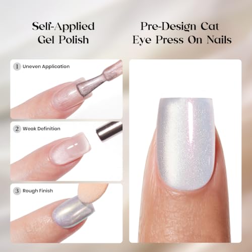 Image of Beetles White Cat Eye Press On Nails, Short Square, 30 PCS