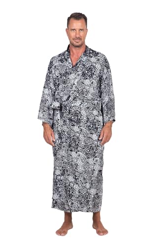NOVICA Artisan Handmade Men's Rayon Batik Robe Black Patterned Clothing White Indonesia ' Midnight Stars'