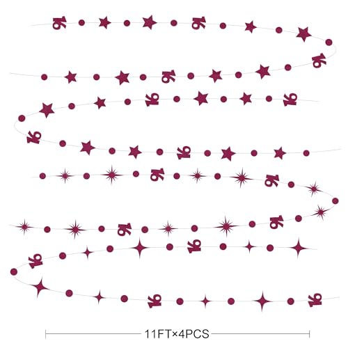 Image of Burgundy 16th Birthday Decorations Number 16 Circle Dot Star Garland Glitter Streamer Banner Backdrop for Girls Boys Sweet Sixteen Cheers to 16 Years Old Birthday 16th Anniversary Party Supplies