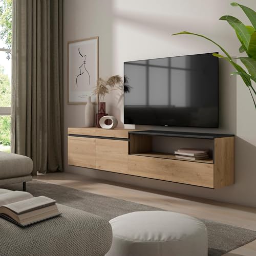 Meuble TV mural style moderne chêne et noir pour vos soirées cinéma - 3