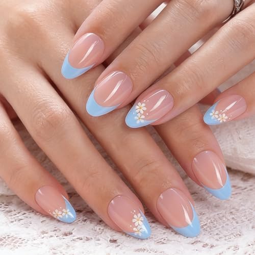 32PCS Spring Press on Nails Blue French Tip Short Almond Fake Nai...