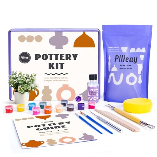 Pllieay Kit Poterie Adulte Kit Argile Autodurcissante avec Outils, Vernis et Instructions Kit de Poterie à Domicile pour Débutants Kit d'argile Séchant à l'air pour Adultes