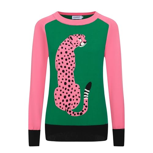 OXKnit Women's Knitted Long Sleeve T-Shirts, 1960s Mod Style Retro Pink Green Casual Cotton Tops