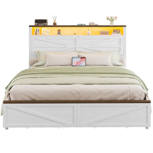 IRONCK Farmhouse Full Size Bed Frame with LED Light and Charging Station, Wood Bed Frame with...