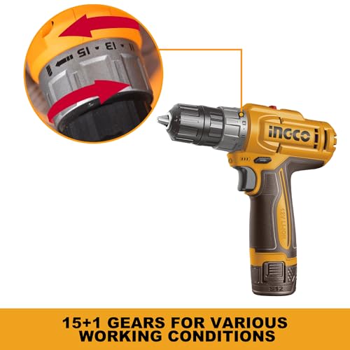Image of INGCO 12V Cordless Drill Machine, 2 Speed Adjustment 400 /1500RPM, Battery Drill Machine Ideal For DIY with 1Pcs Battery, Type C Charging