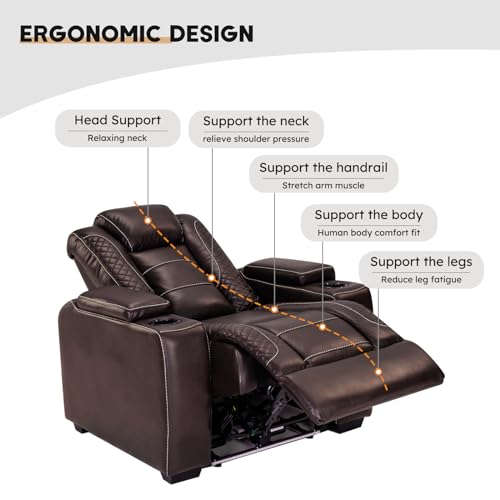 Image of ANJ Power Home Theater Seating Recliner Chairs Set of 2, PU Leather Recliner with Cup Holder, Electric Movie Theater Reclining Chairs with Adjustable Headrest, LED Lights, Hidden Arm Storage (Brown)