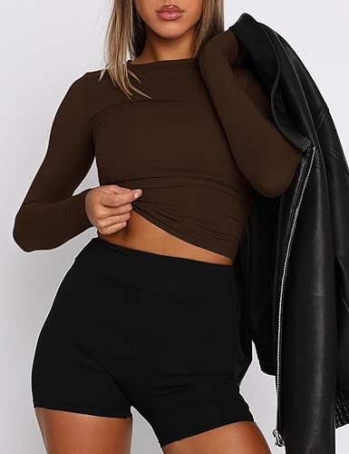 AKEWEI Long Sleeve Crop Tops for Women 2 Pack Fall Going Out Outfits Cute Tight Basic Tees Shirt3