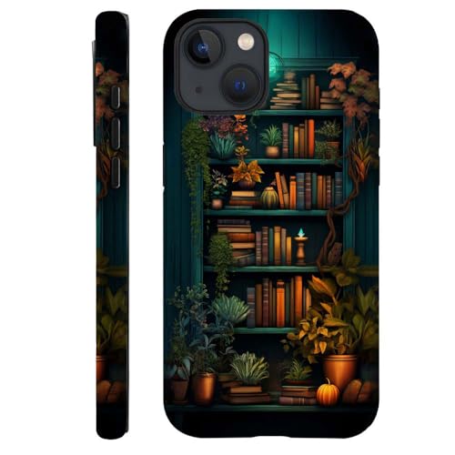 Case Compatible with iPhone 15,Hybrid 2-Layer Hard Shell,Shockproof Soft for Girl Women,Bookshelf Book Plant