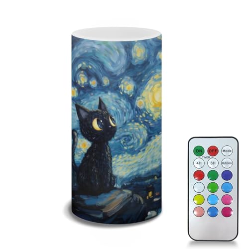 Image of Poceacles Black Cat Starry Night Flameless LED Candle Battery Powered Votive Lights Realistic Pillar Candle Decorative Tea Lights for Home Party Indoor Outdoor Decor