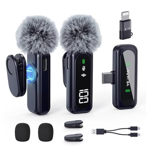 YEJATA - Micrófono inalámbrico con pantalla digital de batería, cancelación de ruido omnidireccional de 360°, alcance de 30 m, pinza giratoria, para iPhone 15/16, Android, PC, iPad y tableta