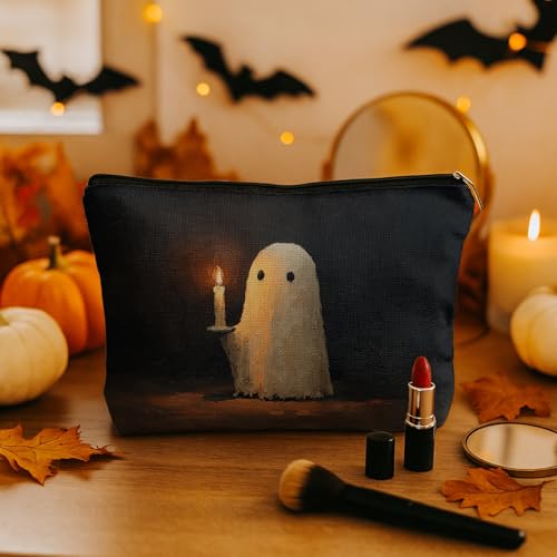 Halloween Spooky Ghost Holding Candle Makeup Bag,Vintage Halloween Ghost Cosmetic Bags Gifts for Women, Horror Spooky Makeup Zipper Pouch for Travel Gift2