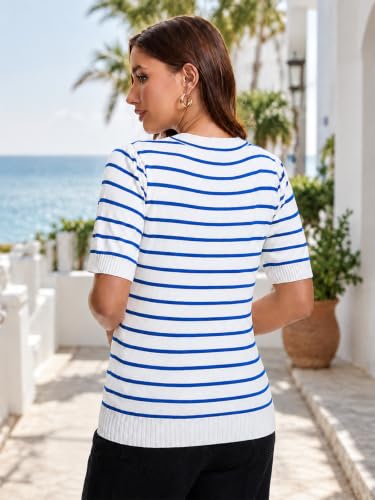Image of Women Striped Short Sleeve Sweater Crew Neck Knit Top Pullover