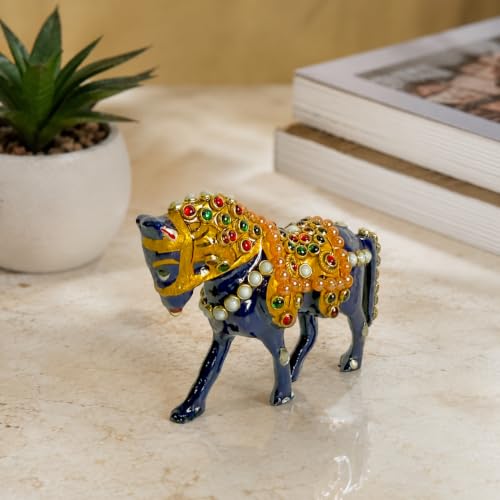 Image of eCraftIndia Handcrafted Decorative Horse Showpiece for Home Decor | Traditional Rajasthani Art Horse Figurine with Stone & Pearl Work | Tabletop Decorative Accent for Living Room & Office