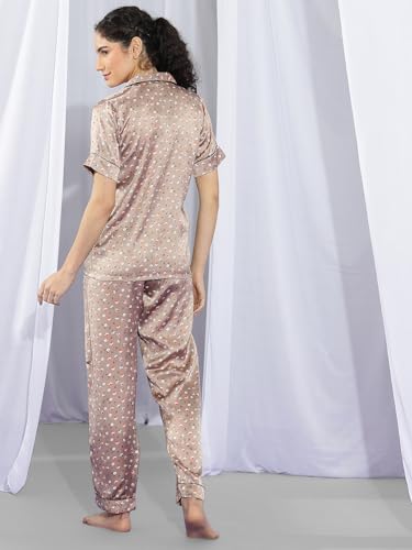 Image of KOTTY Women's Printed Satin Night Suit Shirt & Pyjama Set