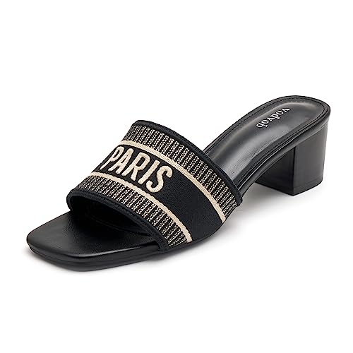 vodvob Women's Low Chunky Block Heeled Sandals Open Toe Slip On Heel Mule Woven Embroidered Sandals Summer Dressy Slide Fashion Slippers