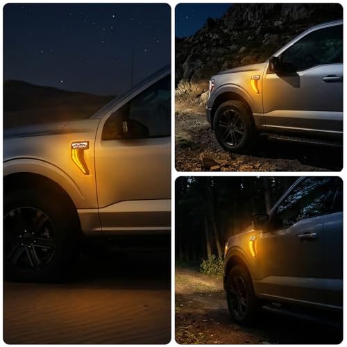 Image of LED Fender Vent Lights for Ford F-150 2021-2025, Sequential Turn Signal & White DRL with Startup Animation, Smoked OFFROAD Mountain Style Side Vent Light, F150 Exterior Accessories (Pair)