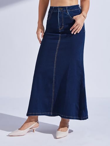 Image of Miss Chase Women's Regular High Rise Above Knee Stretchable Denim Skirt