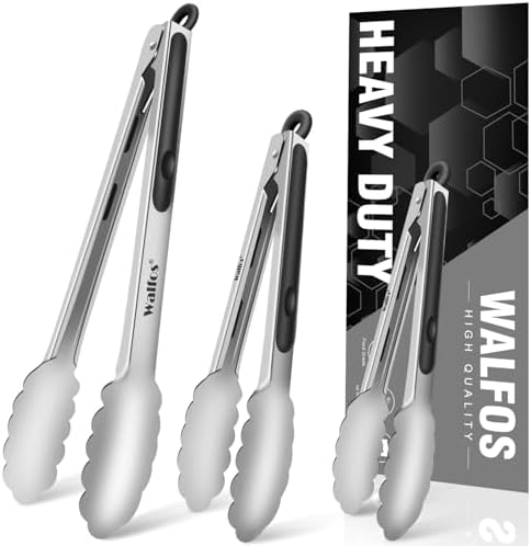 Food Grade Stainless Steel Kitchen Tongs for Cooking,BBQ - 7 ,9 and 12 Inch,Set of 3 Heavy Duty Locking Metal Food Tongs Non-Slip Grip