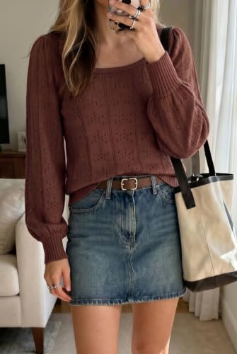 Image of HOTOUCH Sweaters for Women 2026 Fall Trendy Tops Casual Puff Sleeve Square Neck Cute Tunic Pullover Blouses XS-XXL