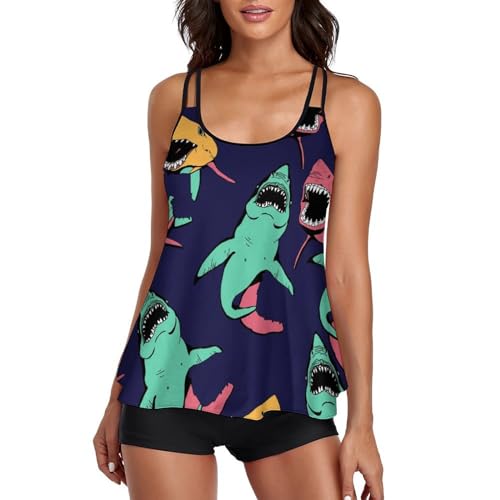 Maillot de bain tankini 2 pièces femme avec short imprimé requin bleu