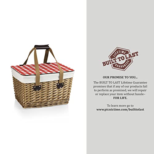 PICNIC TIME Canasta Wicker Picnic Basket, Classic Small Wicker Basket for 2 with Handwoven Willow Design, Removable and Customizable Lid Table, (Beige Canvas with Red & White Gingham Pattern Lid)