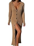ebossy Women's Ribbed Slim Long Knit Cardigan Sweater Sexy V Neck Button Down Crochet Maxi Dress Trench Coat (Small, Khaki)