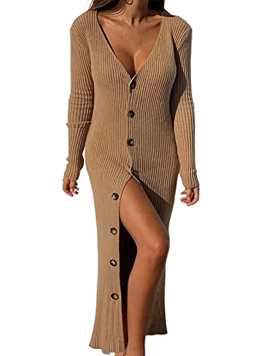 Image of ebossy Women's Ribbed Slim Long Knit Cardigan Sweater Sexy V Neck Button Down Crochet Maxi Dress Trench Coat