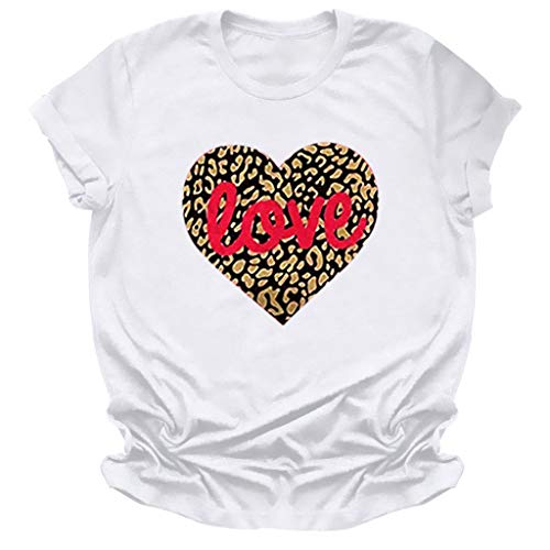 QueenMM Womens Cute Leopard Buffalo Plaid Love Heart Printed Shirts Valentine's Day Short Sleeve Graphic Tees Tops Blouse