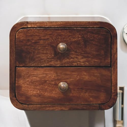 RiouPsithuric Mueble Flotante Moderno Mesita de Noche de Madera Maciza para Montaje en Pared, Acabado Nogal californiano, 2 cajones, marrón, 11,8 x 9,84 x 9,8 Pulgadas, Minimalista.