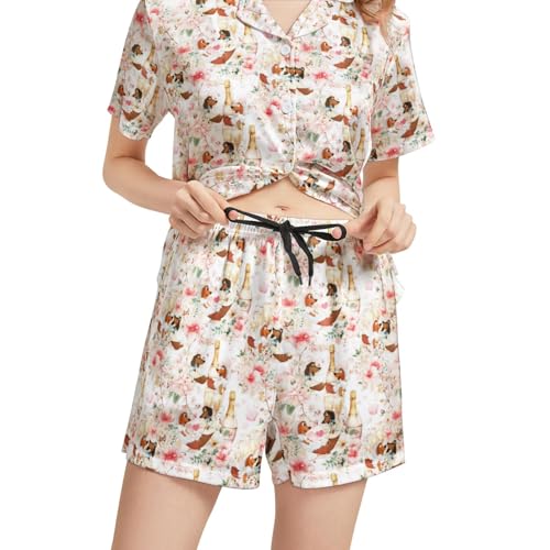 Image of Silk Satin Pajama Set for Women Summer Lounge Pjs Sets 2 Piece Suit Ladies Button Down Tops And Shorts Sleepwear