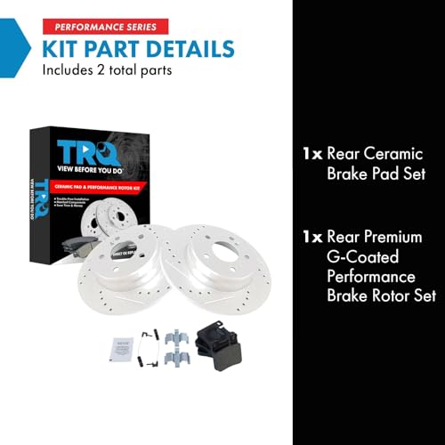 Image of TRQ Performance Rear Brake Pad and Rotor Set Ceramic Coated Drilled Slotted Compatible with 1996-1997 Mercedes-Benz C36 AMG 1998-1999 CLK320 1999 CLK430 E300 1996-2002 E320 1997 E420 1998-2002 E430