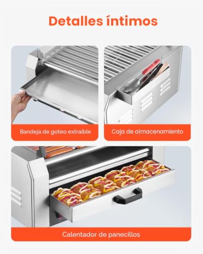 Miniatura 5 de Vevor Parrilla De Acero Inoxidable Para Perros Calientes De 2400 W Con Calentador De Panecillos, Cubierta, Control De 3 Temperaturas, Caja De Almacenamiento Lateral, 11 Rodillos, 5 R Min, Plata