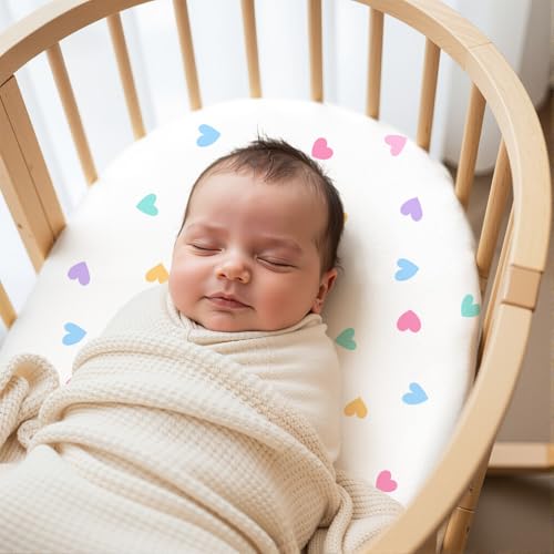 Image of FIOBEE Baby Bassinet Sheets for Girls Boys 2 Pack Waterproof Bassinet Mattress Elastic Fitted Crib Sheets Universal Fit for Hourglass Oval and Rectangle Bassinet Sheet, White & Pink