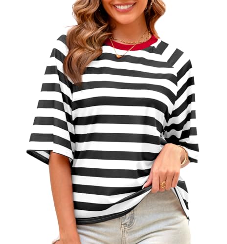 Actcat Camiseta feminina listrada de verão gola redonda Color Block manga curta casual básica, Preto