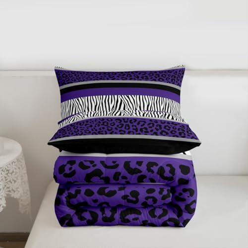Image of Feelyou Leopard Print Comforter Set Toddler Size Zebra Stripes Bedding Set for Kids Boys Girls Teens Purple Black White Zebra Leopard Fur Comforter Safari Animal Hair Duvet Set Room Decor Quilt