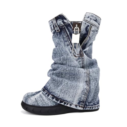 Mid Calf Denim Boots for Women Round Toe Fold Over Jeans Booties with Padlock Thick Bottom Platform Boots Vintage Fashion Western Cowboy Shoes