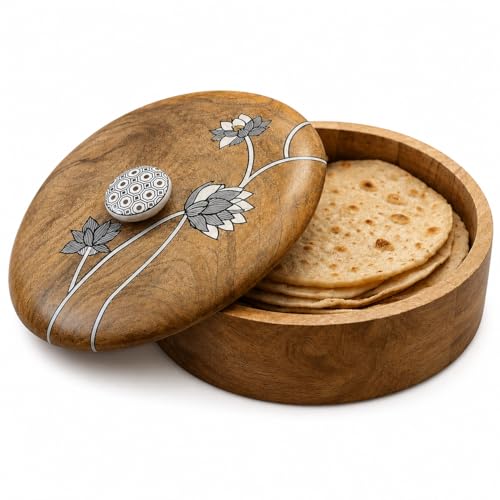 Image of Artysta 'Blooming Lotus' Wooden Chapati Box | Wooden Casserole For Roti | Chapati Box For Kitchen | Roti Box with Lid | Housewarming Gifts | Handpainted Roti Box | Mango Wood 8inch, 1080ml